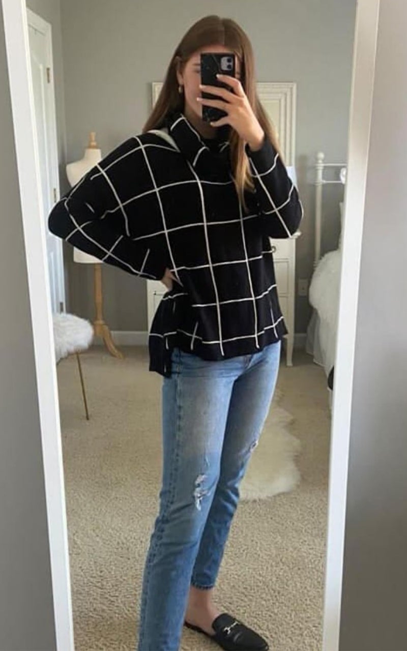 ECOWISH Women Fall Pullover Sweater Turtleneck Plaid Long Sleeve Loose Casual Chunky Checked Knit Winter Sweaters Jumper Tops 014black M - Image 4